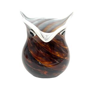 Figural Owl Art Glass Vase Multicolor Brown / White Copper Color Glitter Accents